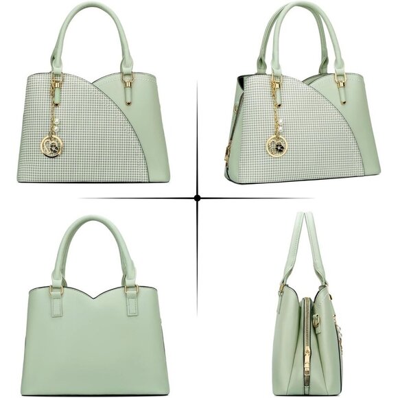 Women’s Green Triple Compartment Satchel Fashion Top Handle Shoulder Bag - Picture 4 of 6